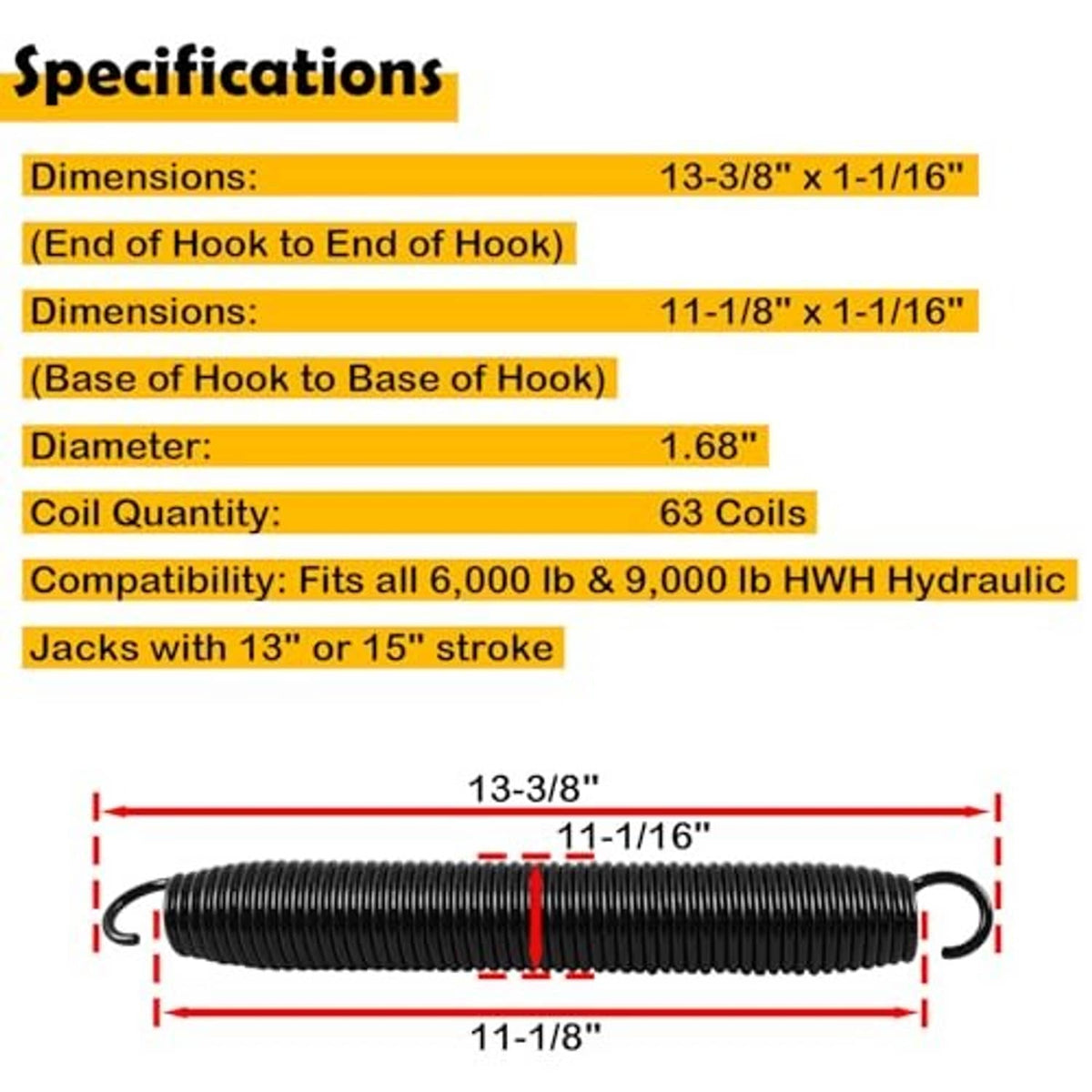 Replacement coil spring with black end hooks, shown with size measurements