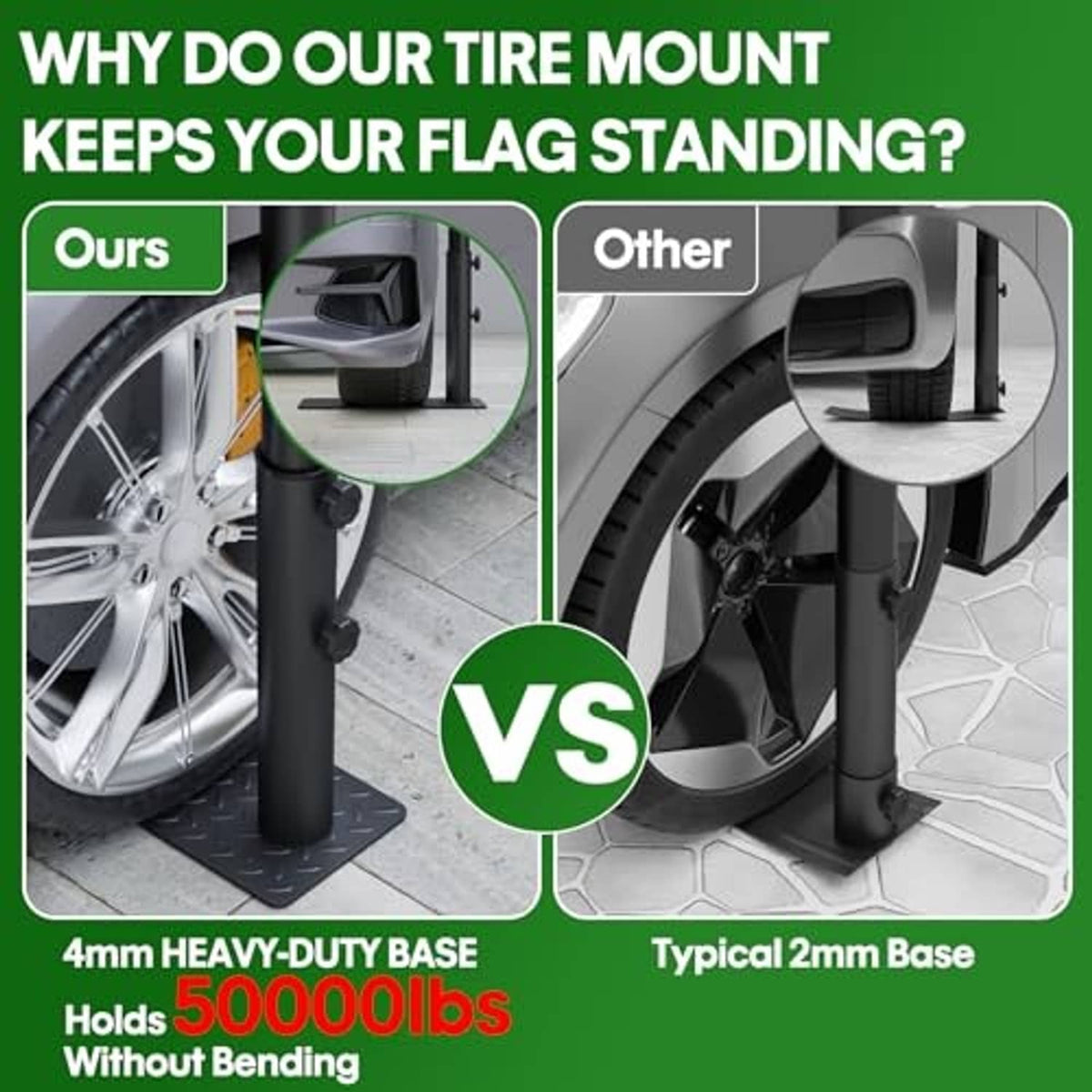 Black tire-mount flagpole holder with heavy-duty base and clamp bolts
