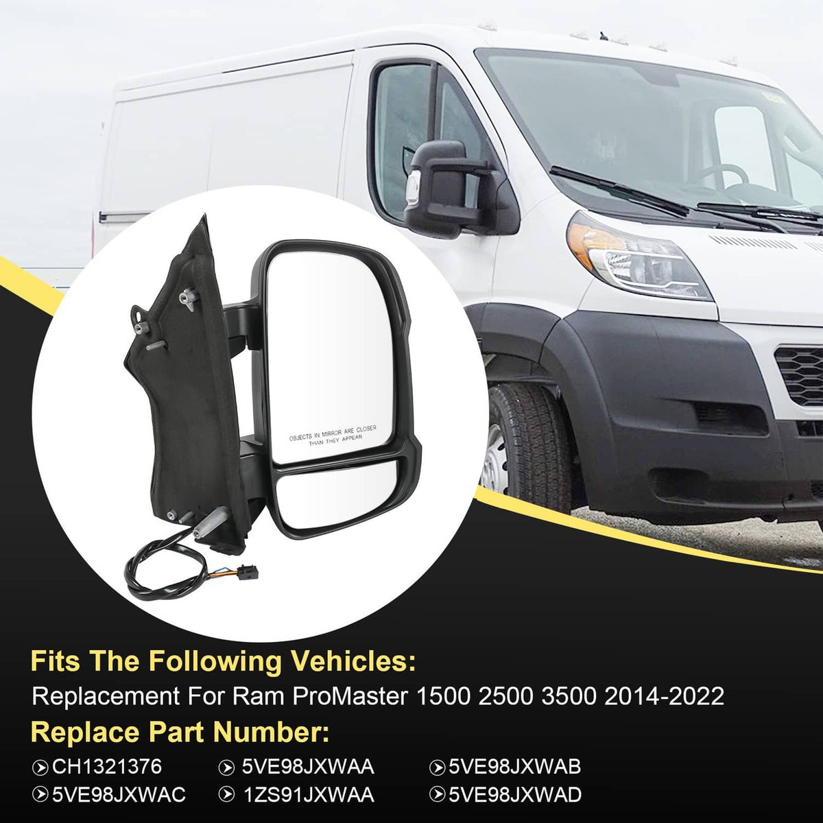 Right passenger door mirror replacement part with black housing and wiring pigtail