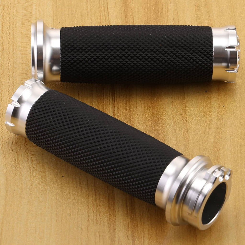 Motorcycle handlebar grips set with black textured rubber and chrome ends