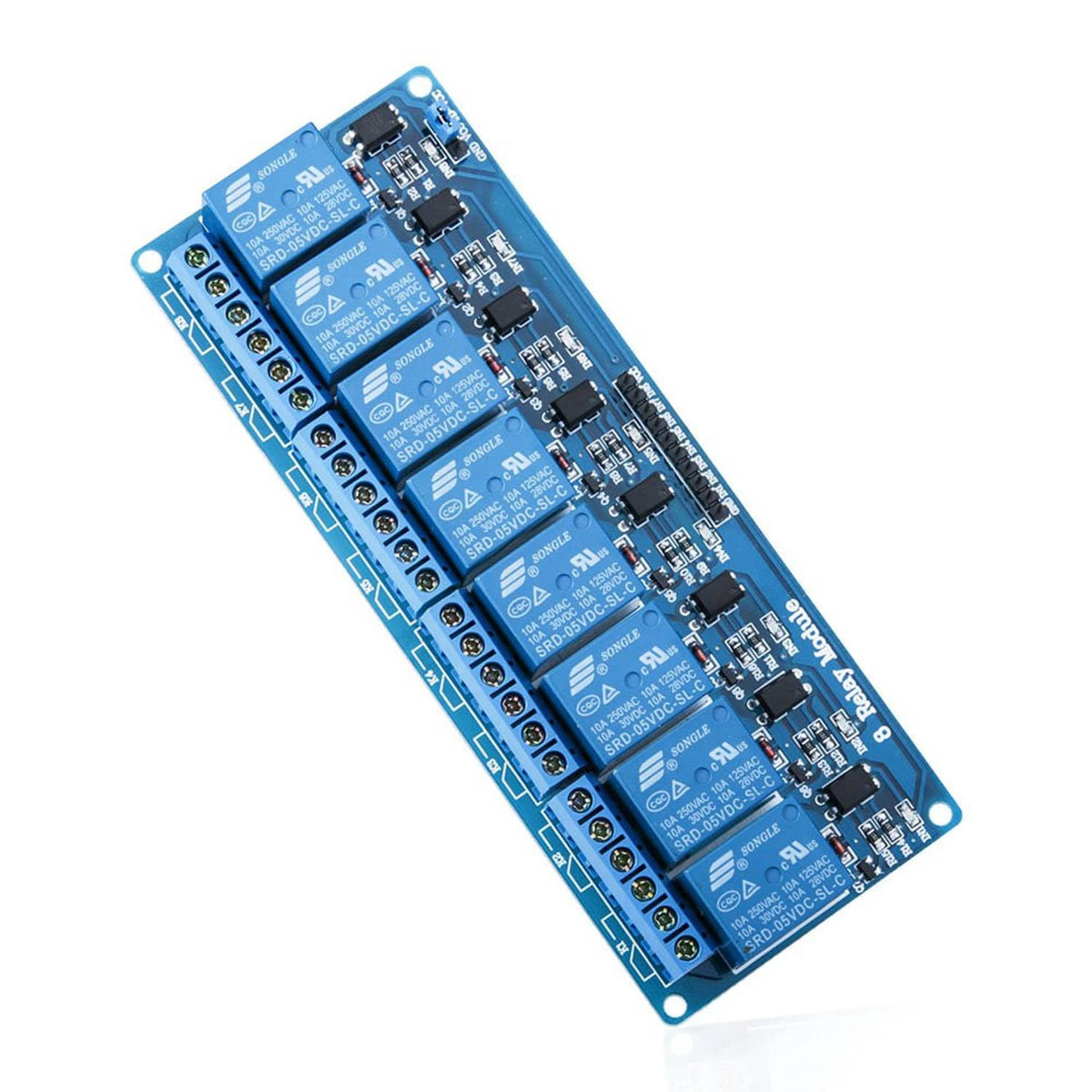 8-channel DC relay module with optocouplers, blue PCB, angled view of terminals