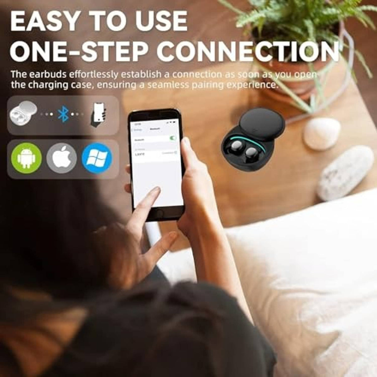 Mint green wireless sleep earbuds with charging case; smartphone shown for connection