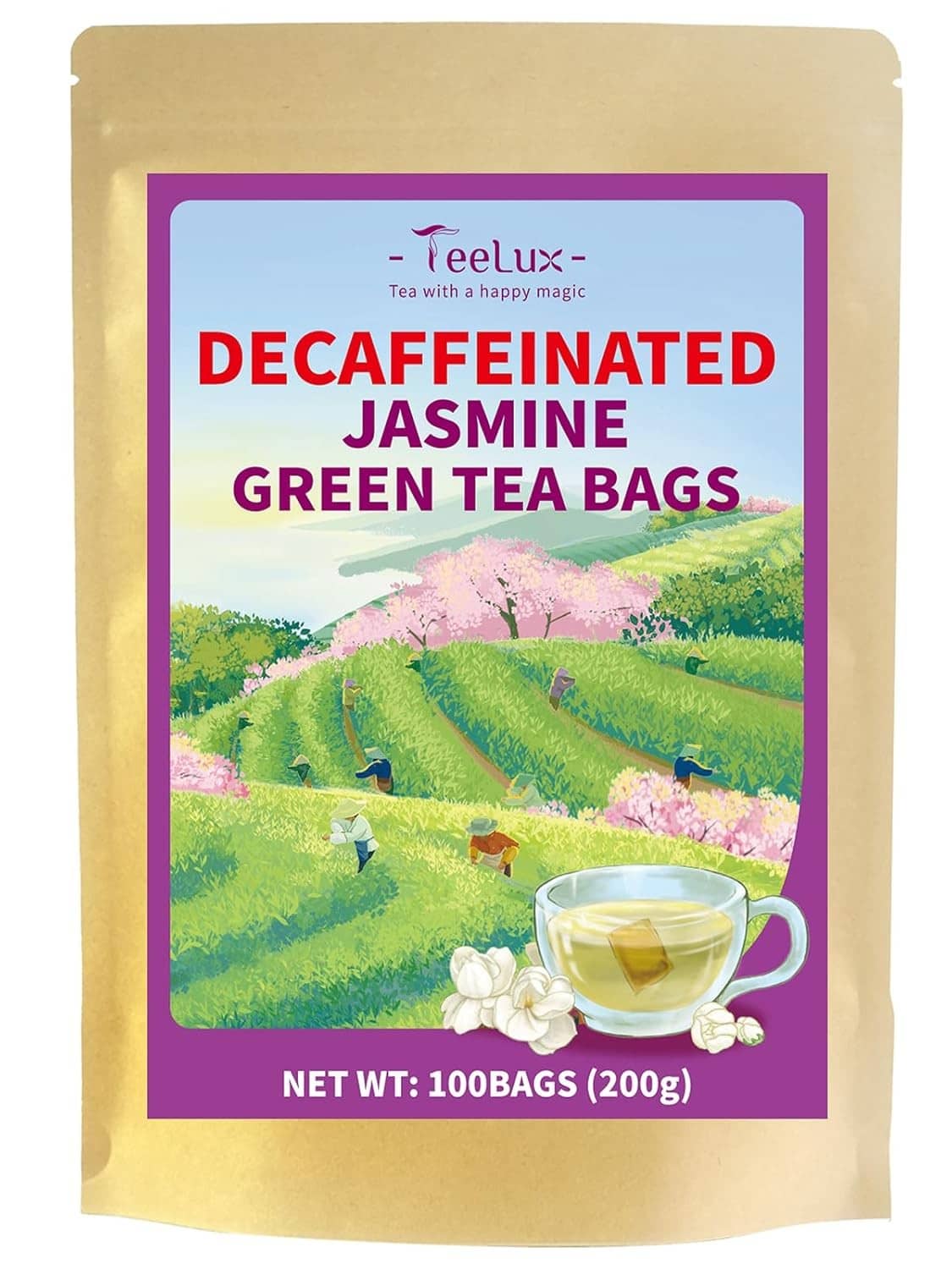 Decaffeinated jasmine green tea bag pouch, 100 count pack