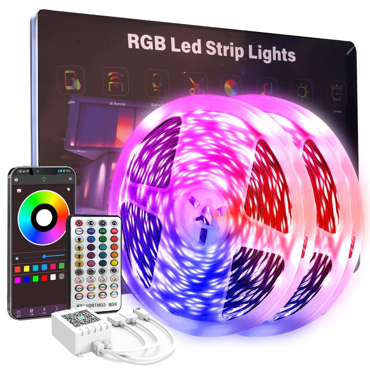RGB LED strip lights with controller, remote, and power adapter, multicolor glow