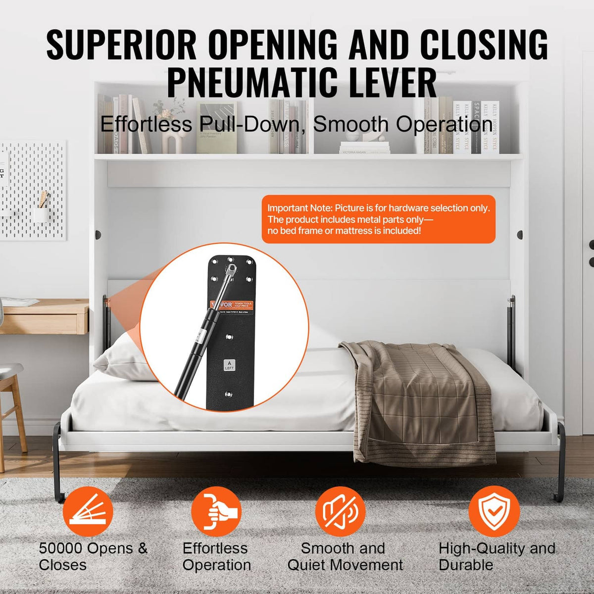 Murphy bed frame with pneumatic lever mechanism and black mounting plate