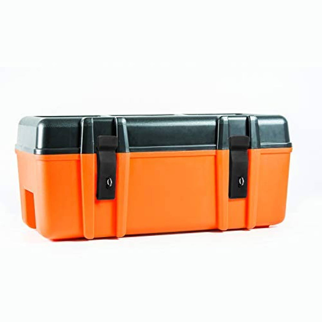 Orange storage bin with two black front rubber latch brackets and metal fasteners