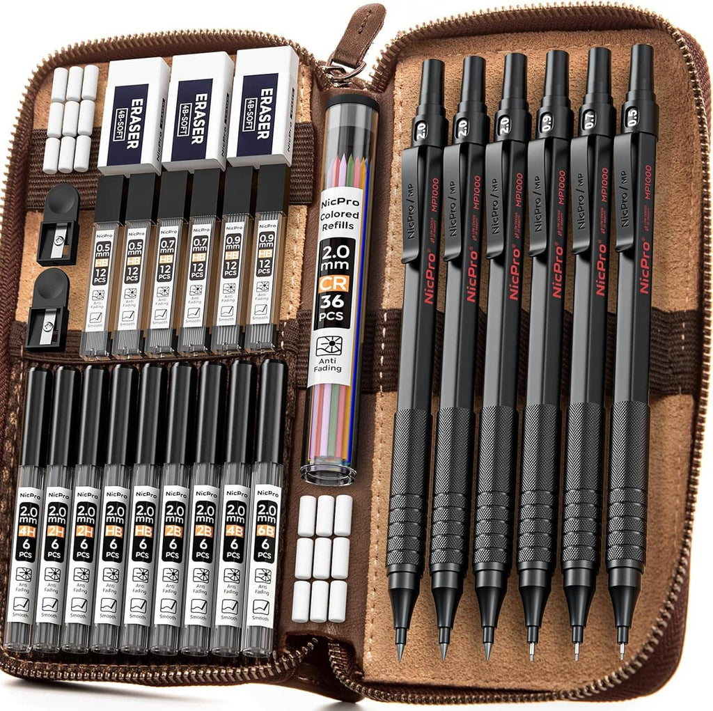 Leather case holding black mechanical pencils and 0.5mm lead refill tubes