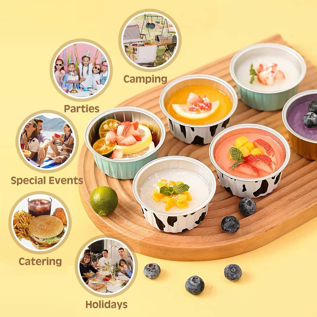 Assorted disposable ramekins with round lids in mixed colors, grouped together