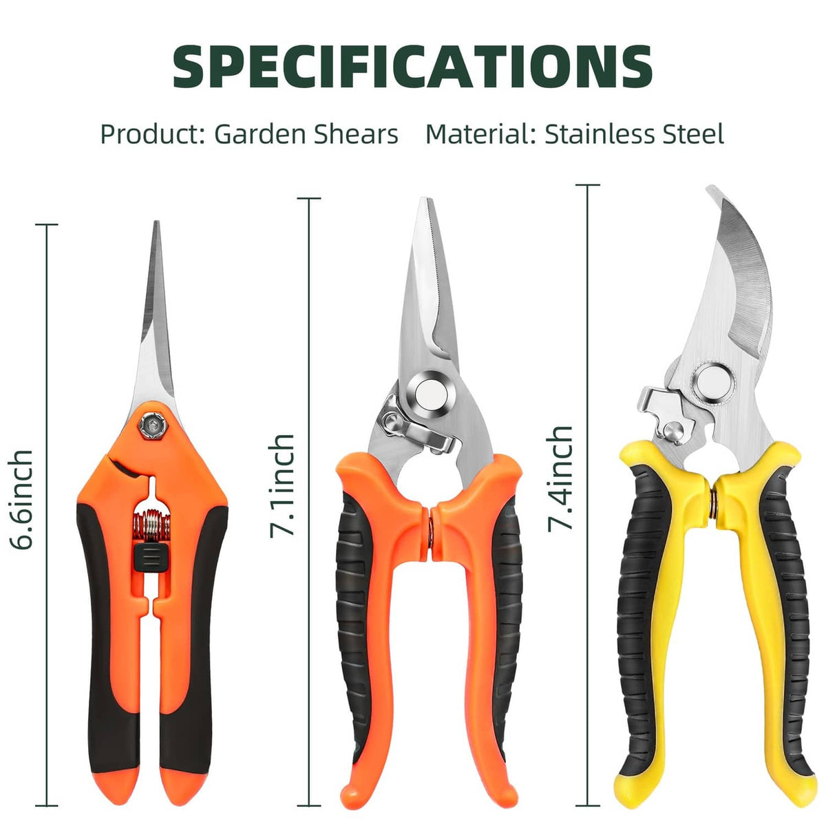 Garden pruning shears set showing orange and yellow stainless-blade shears with black grips