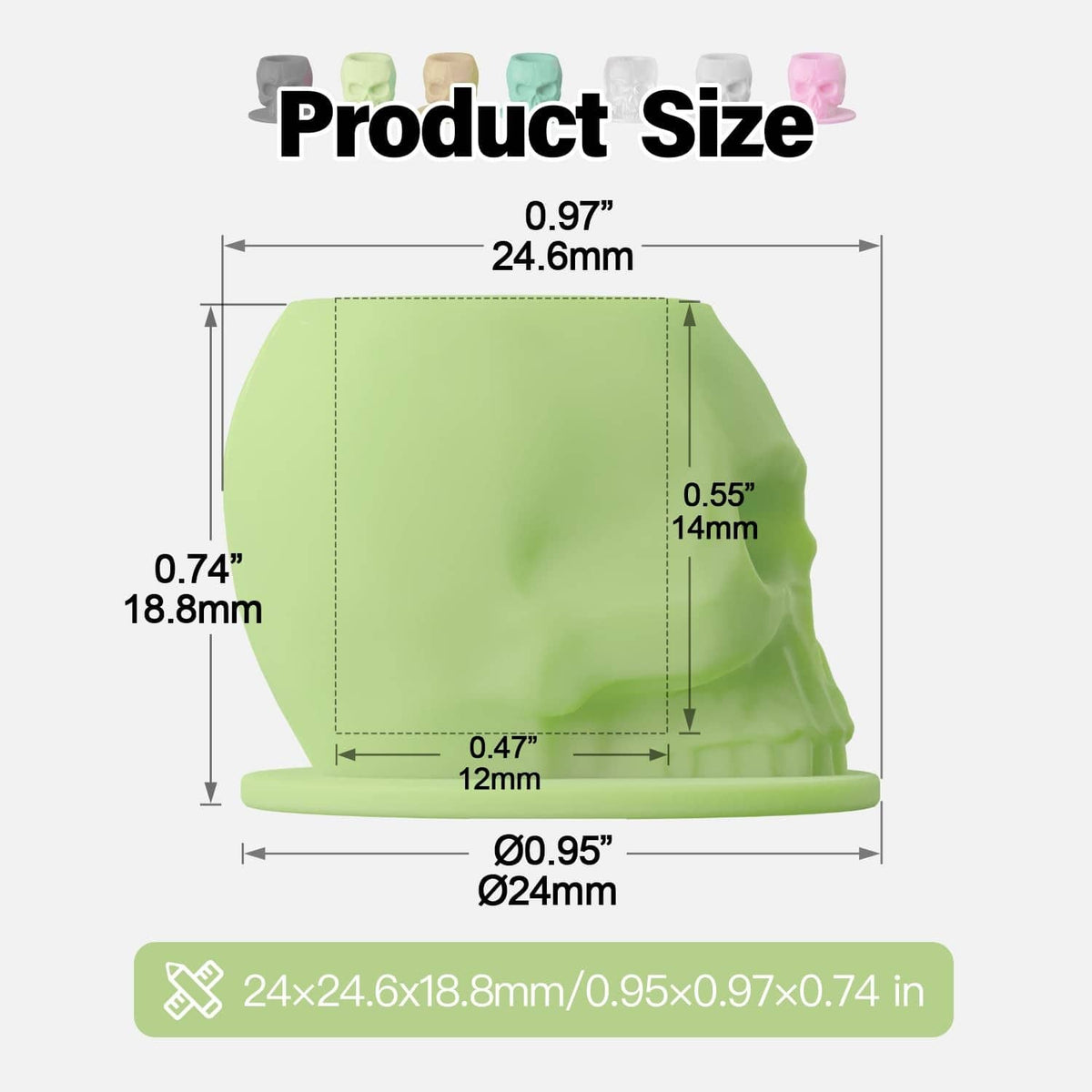 Green silicone tattoo ink cup skull base size diagram with height and width measurements.