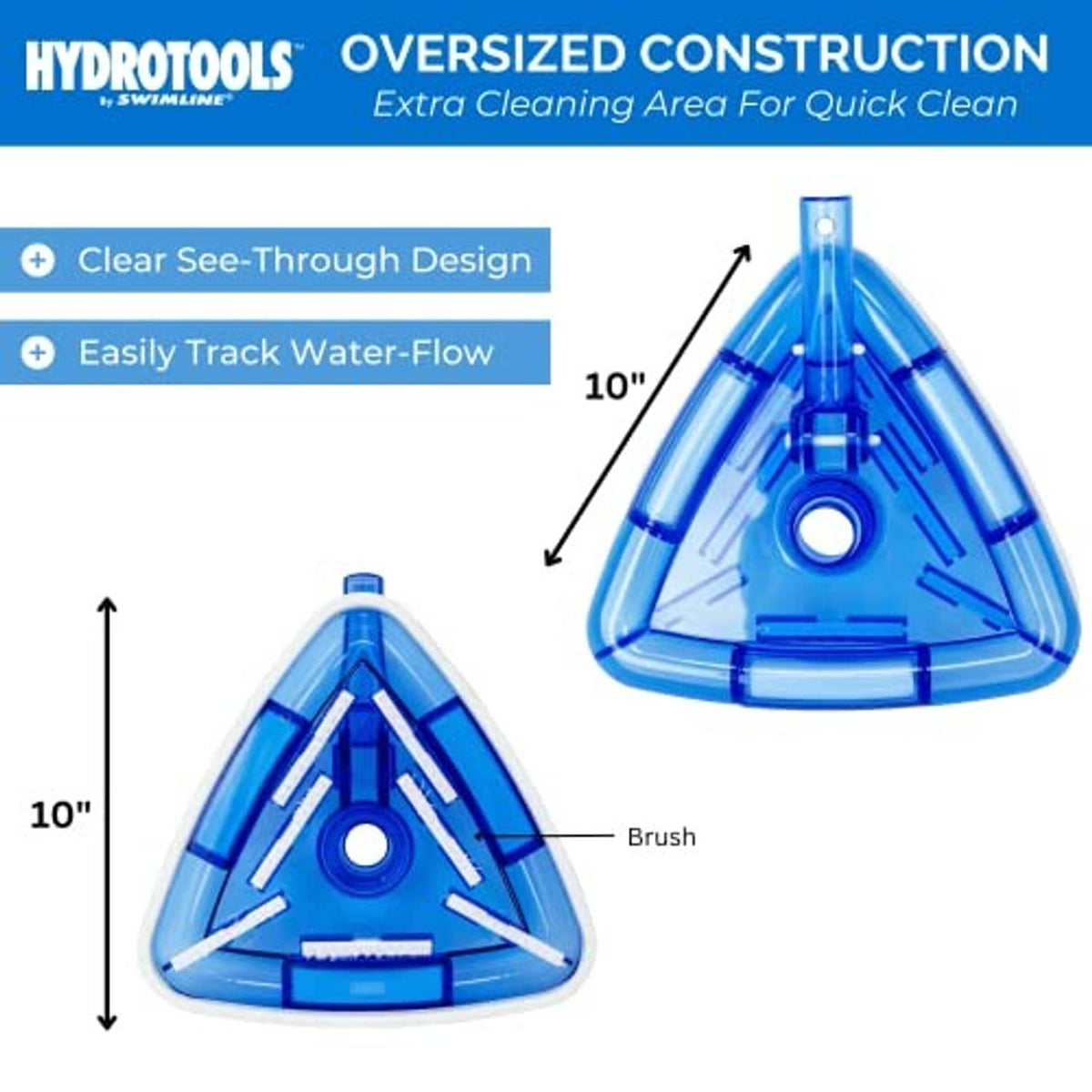 Blue clear pool vacuum head diagram with 10 in height and brush label
