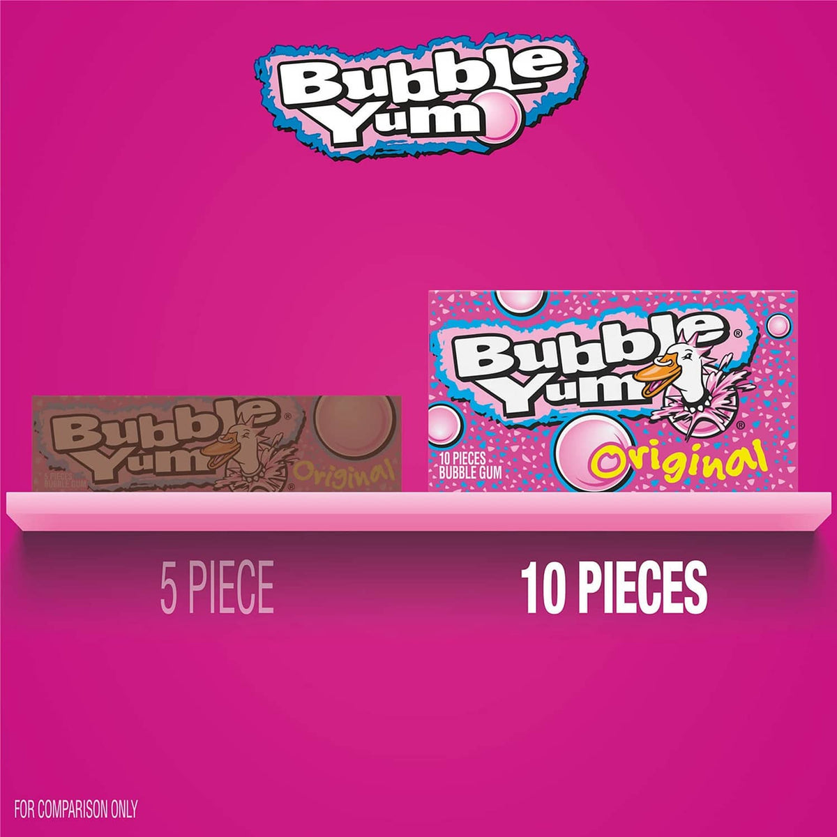 Bubble Yum Original display showing 5-piece and 10-piece bubble gum boxes