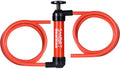 Red fluid transfer hand pump with two orange hoses and black end connectors