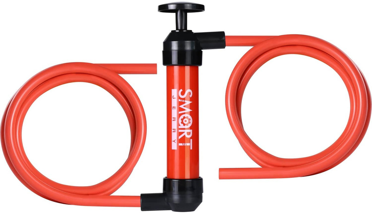 Red fluid transfer hand pump with two orange hoses and black end connectors