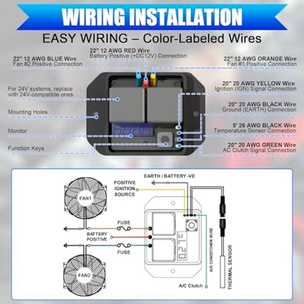 Radiator fan controller wiring installation diagram with color-labeled leads and sensor
