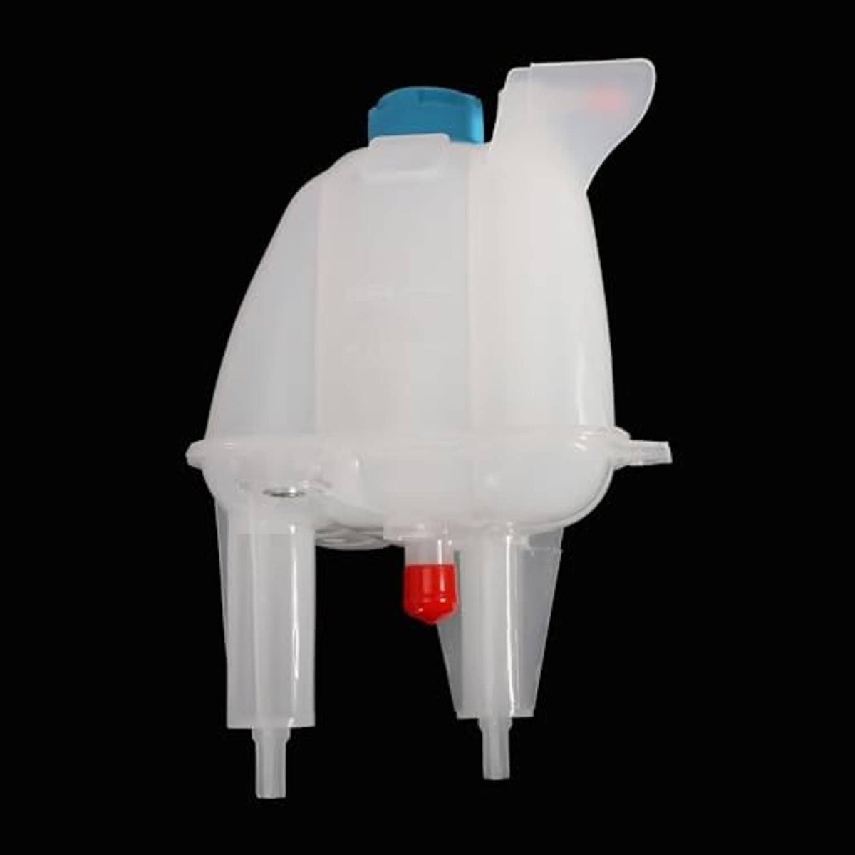 Engine coolant reservoir, white plastic with blue cap and red check valve window