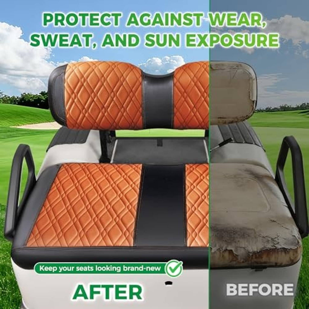 Brown diamond-quilted golf cart seat covers with black center stripe and side panels
