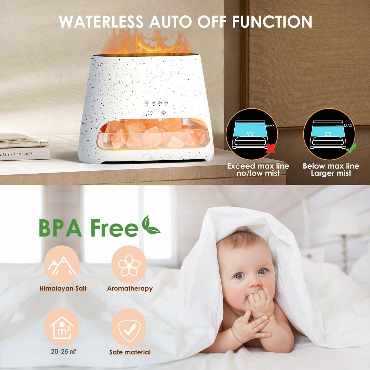 Off-white speckled salt lamp diffuser with pink salt crystals and lit control panel