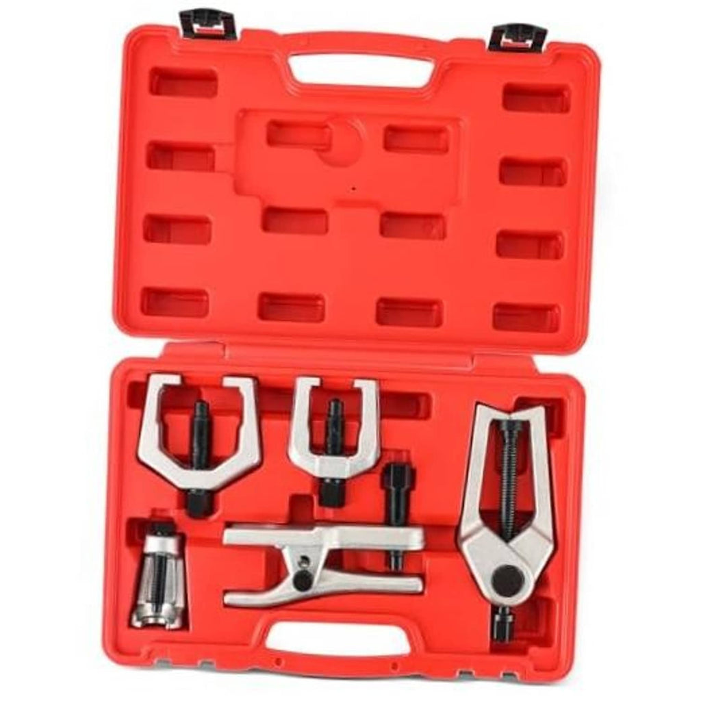 Red ball joint separator kit case with 5 puller tools and storage inserts