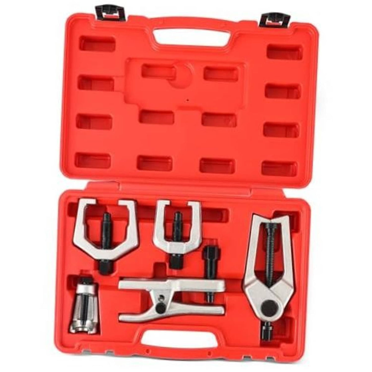 Red ball joint separator kit case with 5 puller tools and storage inserts