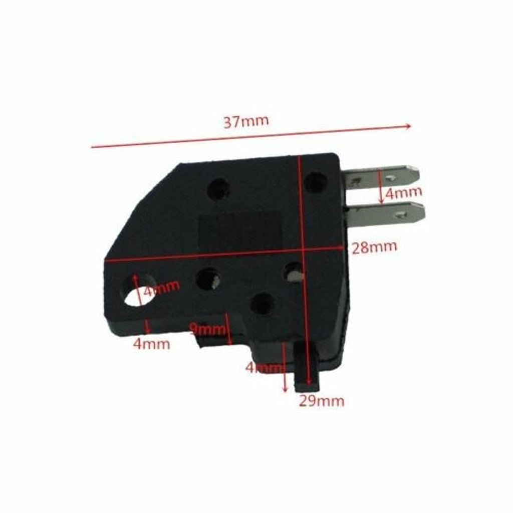 Motorcycle brake lever switch with size measurements on black housing