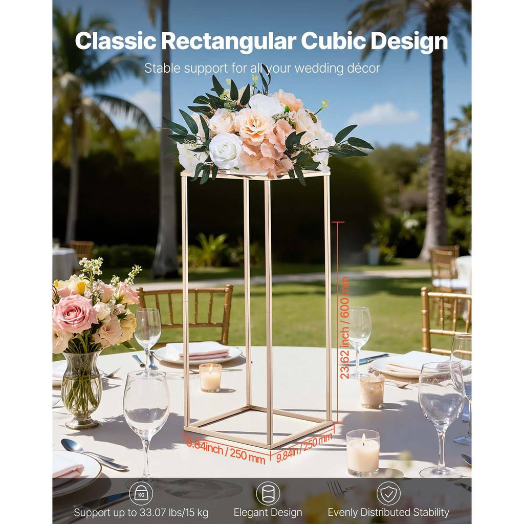 Gold-tone wedding flower stand with faux bouquet and open rectangular frame