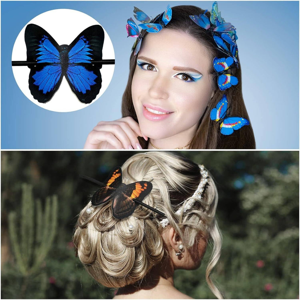 Butterfly hair clips worn on hair with blue butterfly wings on black barttes