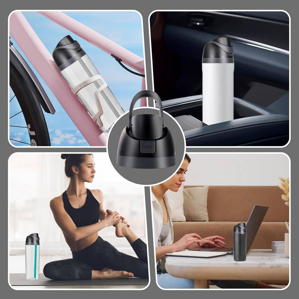 Dark gray replacement bottle lid with carry loop shown for travel use