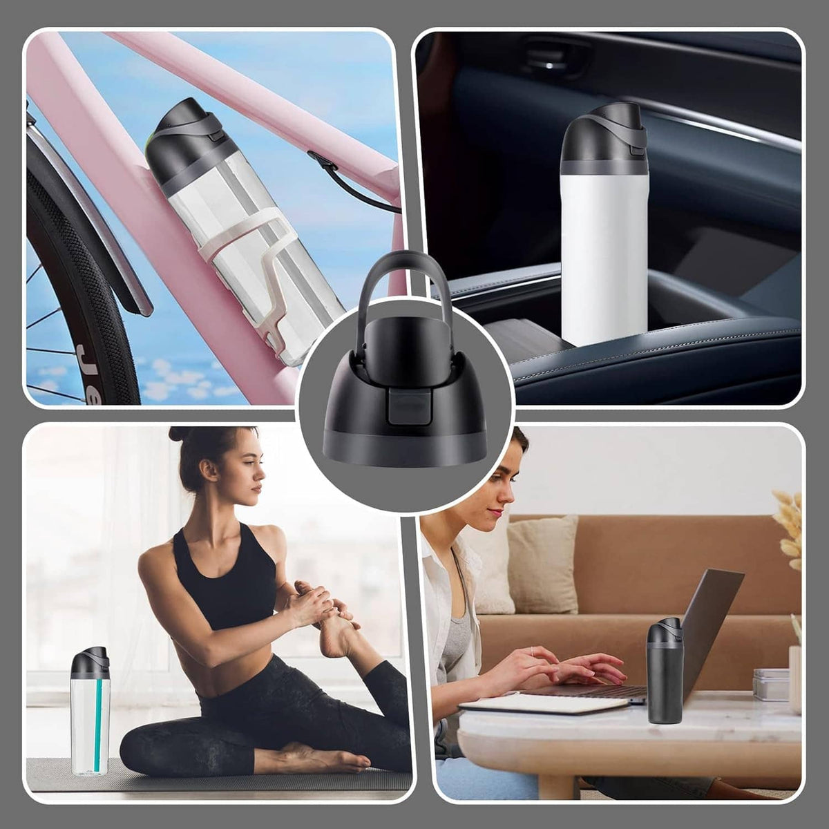 Dark gray replacement bottle lid with carry loop shown for travel use
