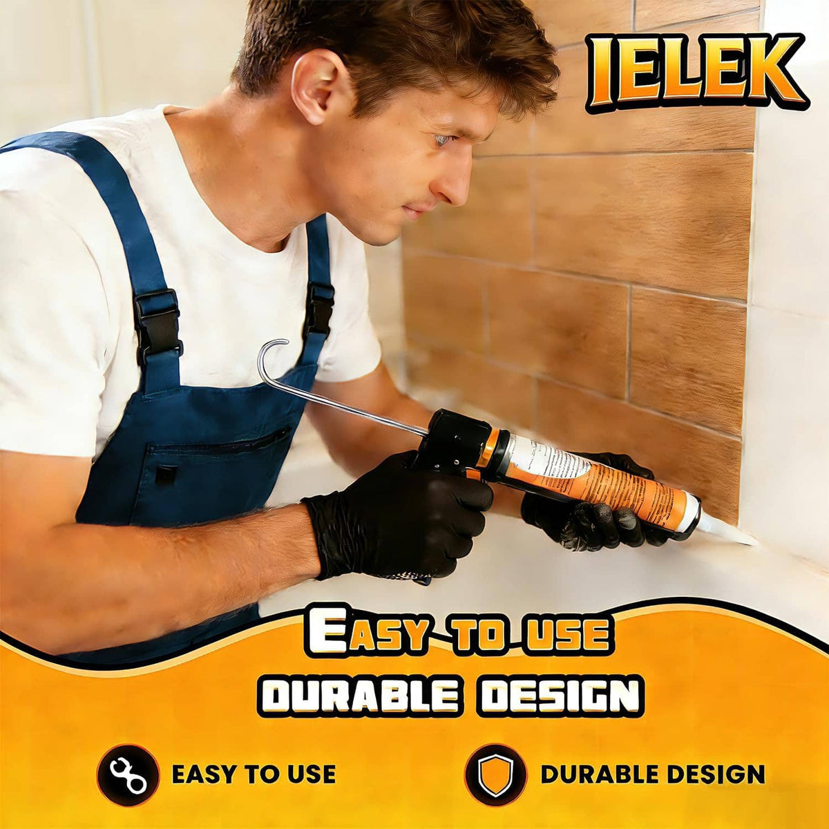 Caulk gun in use with orange-nosed cartridge and black ergonomic handle