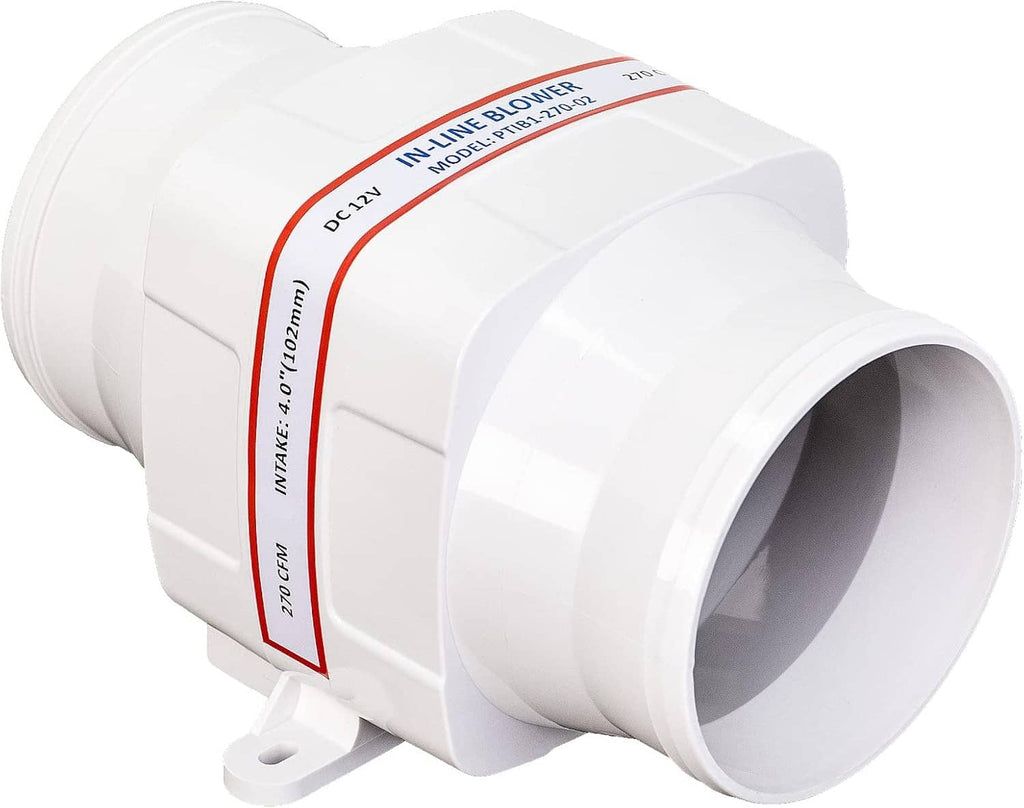 White in-line marine bilge air blower with flanged inlet and outlet ports