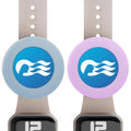 Blue and purple silicone medallion holder for a watch band, with wave emblem