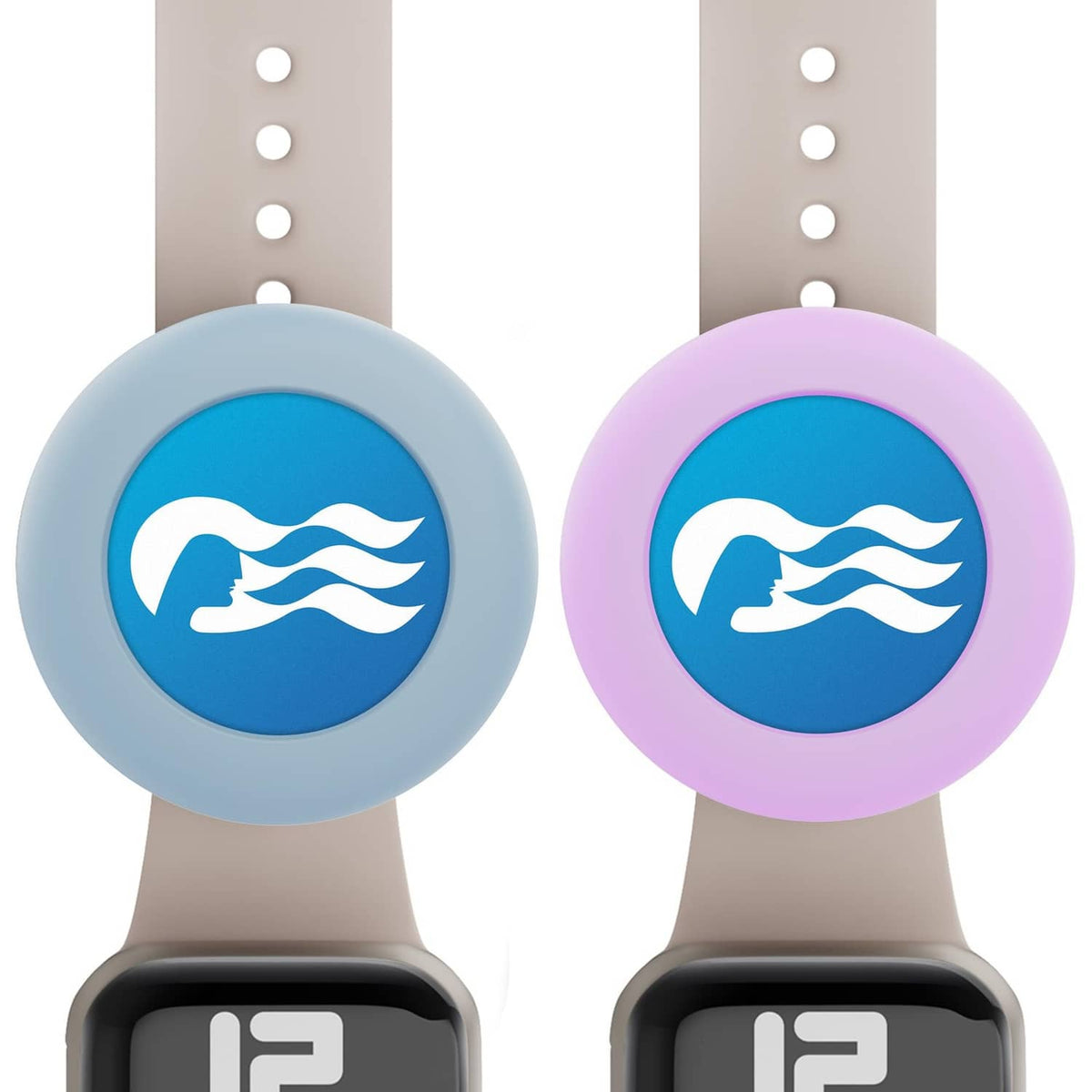 Blue and purple silicone medallion holder for a watch band, with wave emblem