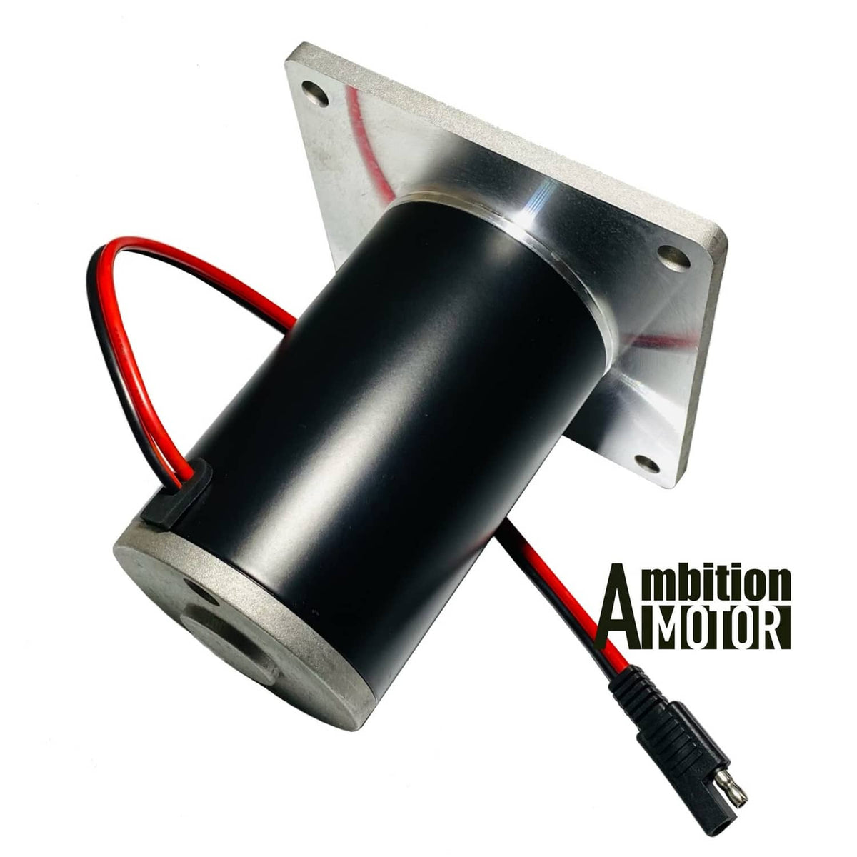 Salt spreader motor close-up with black cylinder, metal brackets, and two-wire harness plug