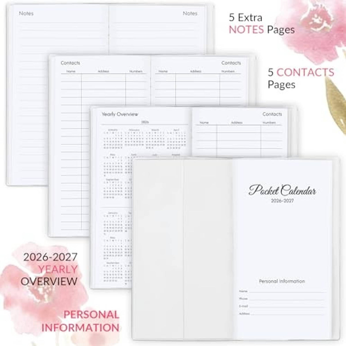 Pocket calendar planner set with contacts, yearly overview, personal info, and notes pages