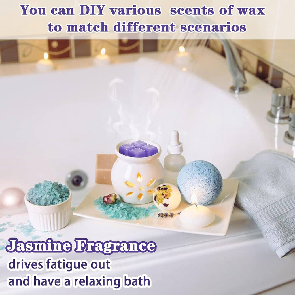 Silicone wax melts mold set shown as colorful wax melt cubes on a candle warmer tray