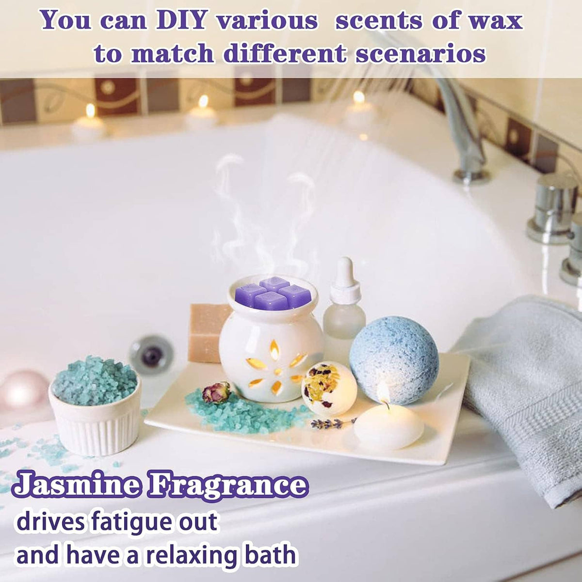 Silicone wax melts mold set shown as colorful wax melt cubes on a candle warmer tray