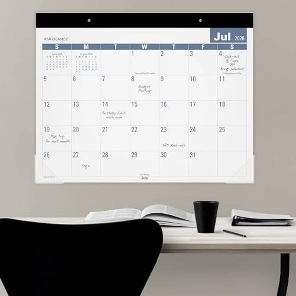 Desk monthly calendar planning pad with July 2026 month view and white date grid