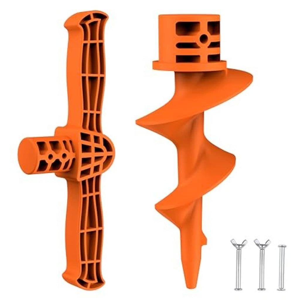 Orange PVC sand auger anchor for PVC tubing, shown with three metal bolts