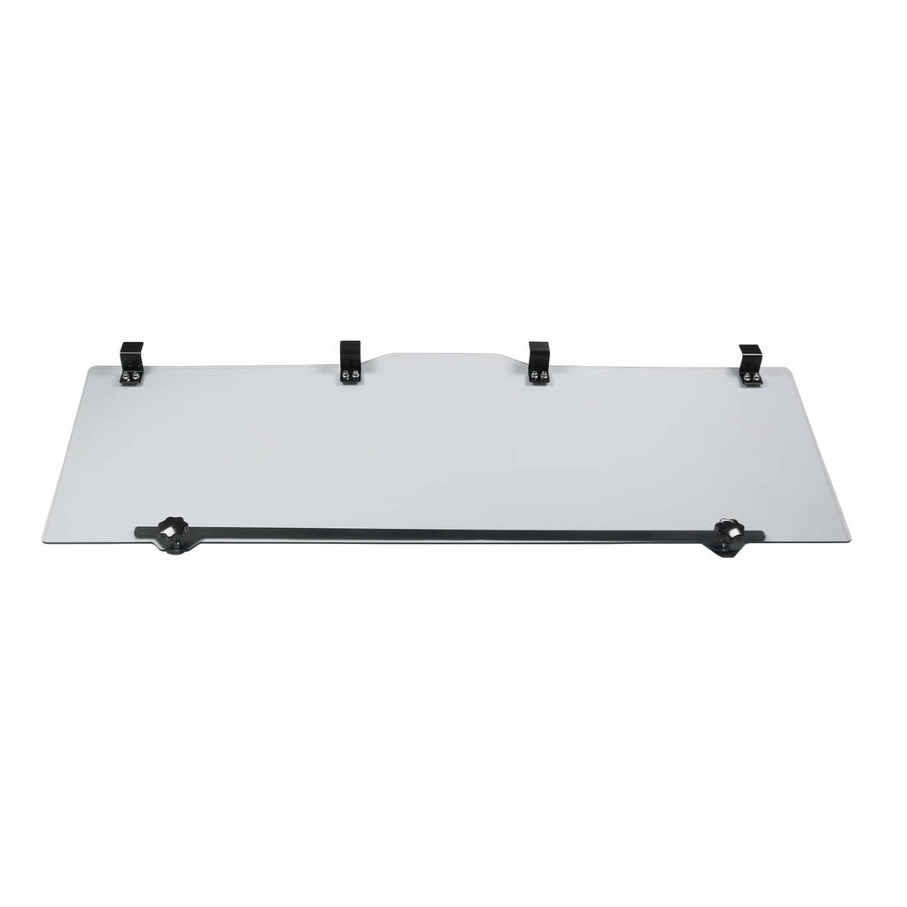 Rear sliding windshield panel window with black support bar and four mounting clamps