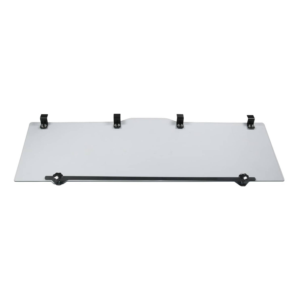 Rear sliding windshield panel window with black support bar and four mounting clamps
