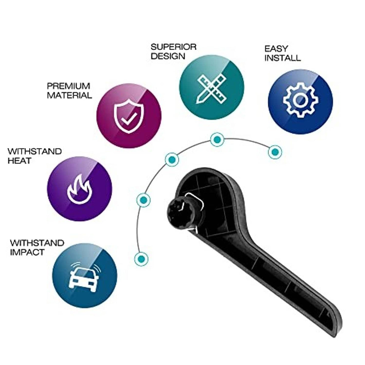 Black seat recliner handle, side view with mounting end