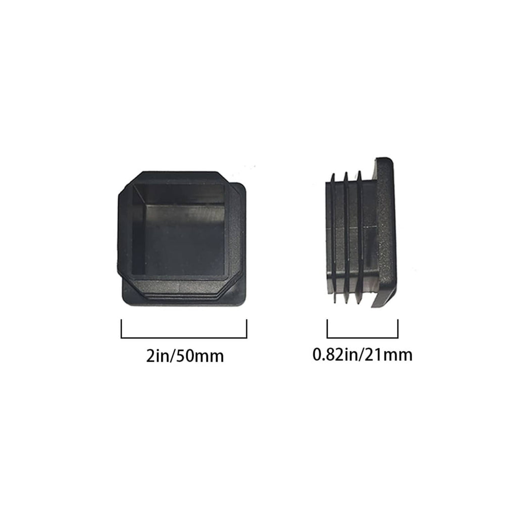 Square plastic tubing end caps, dark, threaded insert, front and side views