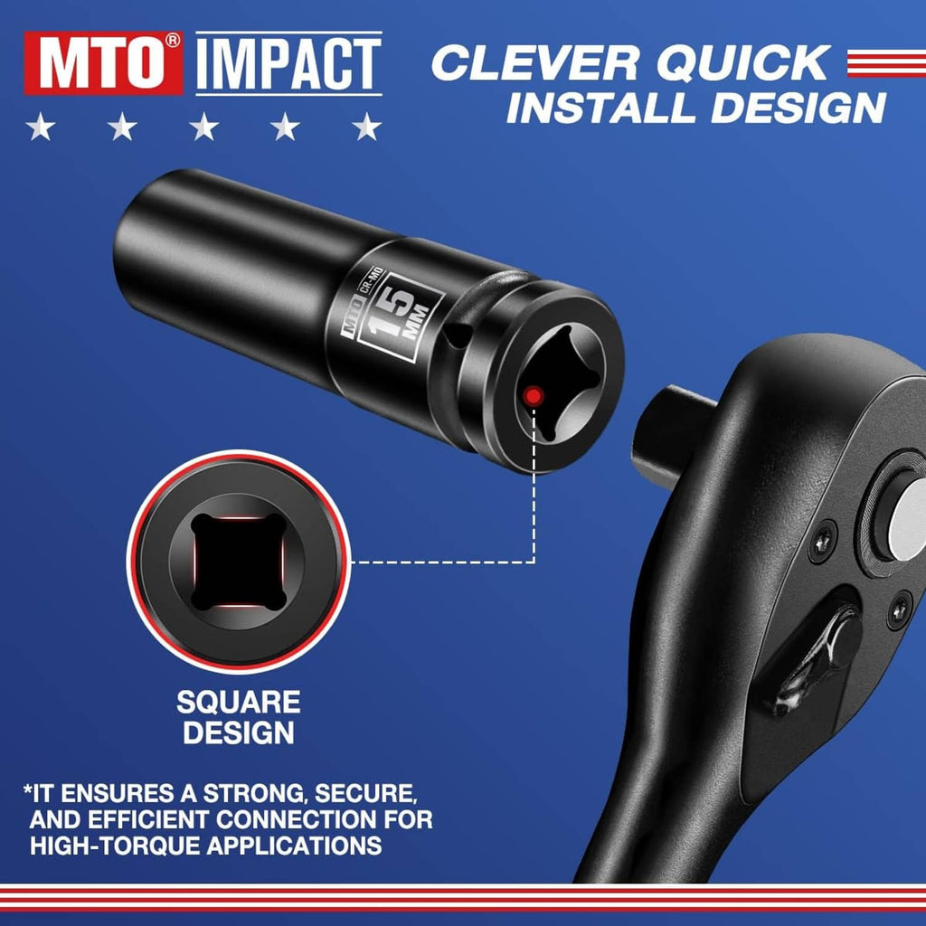Black 15mm deep 6-point impact socket, 1/2" drive, square drive end visible