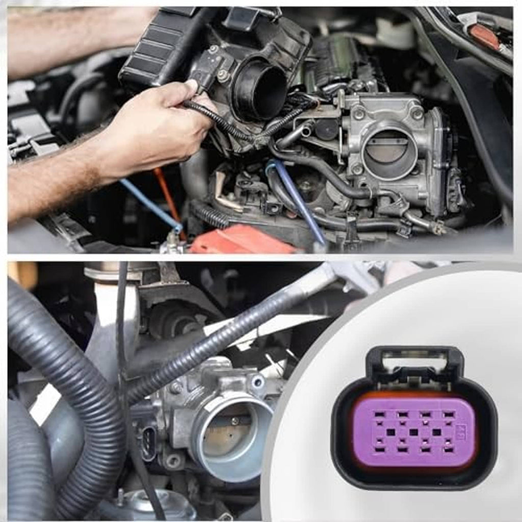 Throttle body connector pigtail harness with purple 8-pin plug shown near throttle body