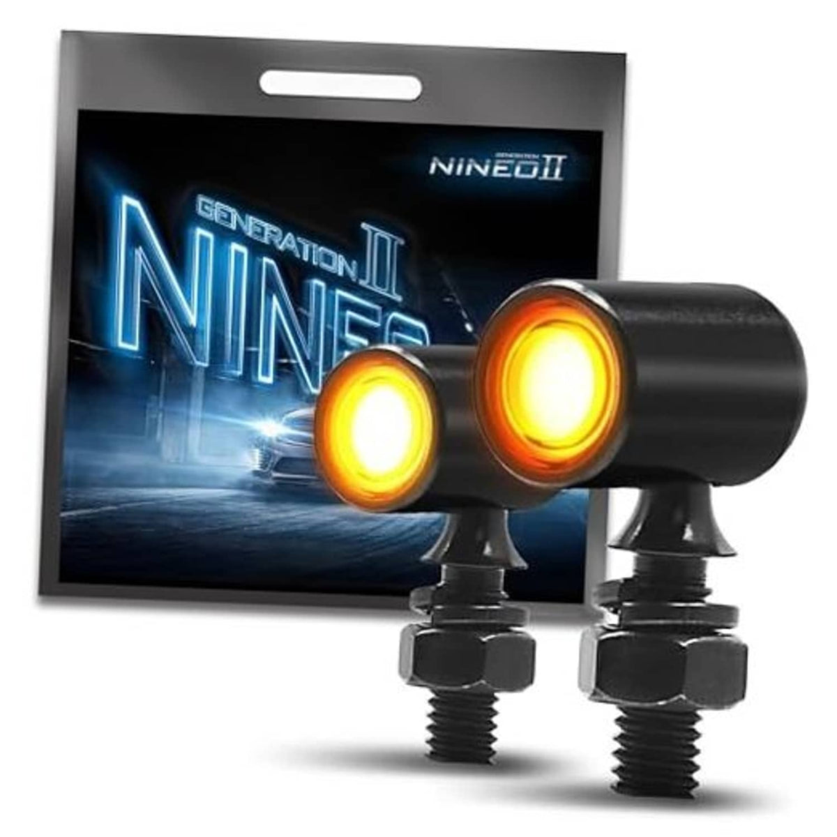 Pair of black mini LED motorcycle turn signals with amber glowing lenses and mounting bolts.