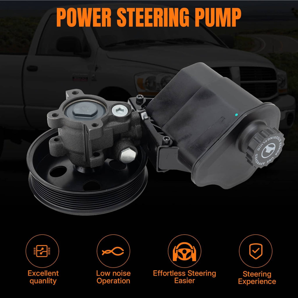 Power steering pump with reservoir, black housing and metal pulley assembly