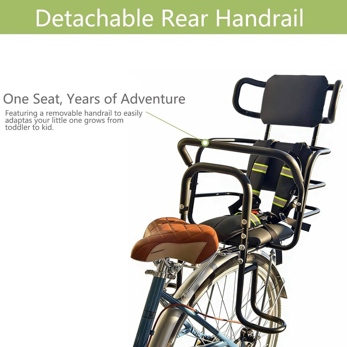 Rear child bike seat with detachable rear handrail and padded headrest support