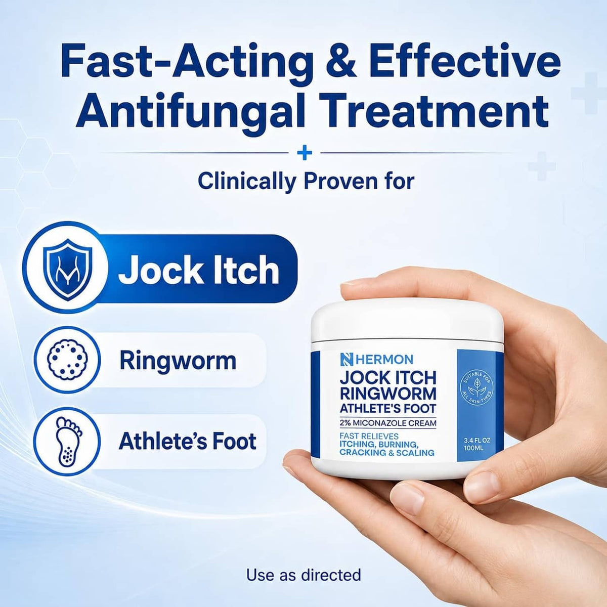 Hermon Jock Itch antifungal cream jar held in hand, blue and white label