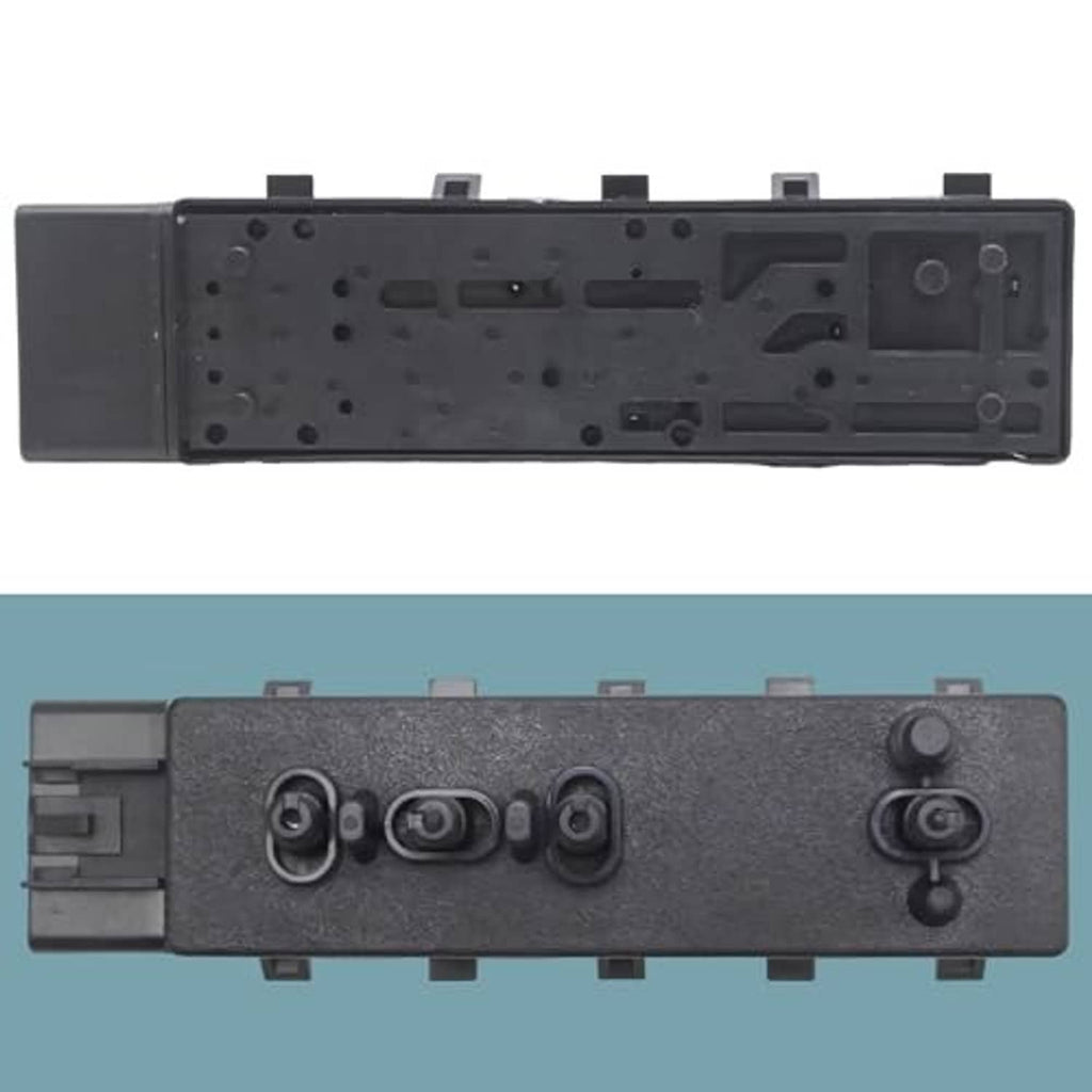 Power seat switch control module rear view with mounting holes and connector terminals